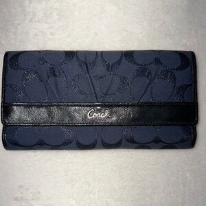 Coach Signature Ashley Navy Blue Shimmer Sparkle Snap Closure Full Size Wallet